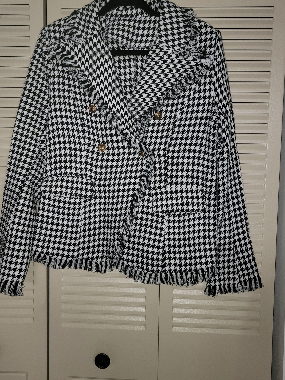 Classic Houndstooth Fringe-Trim Double-Breasted Jacket - Black & White